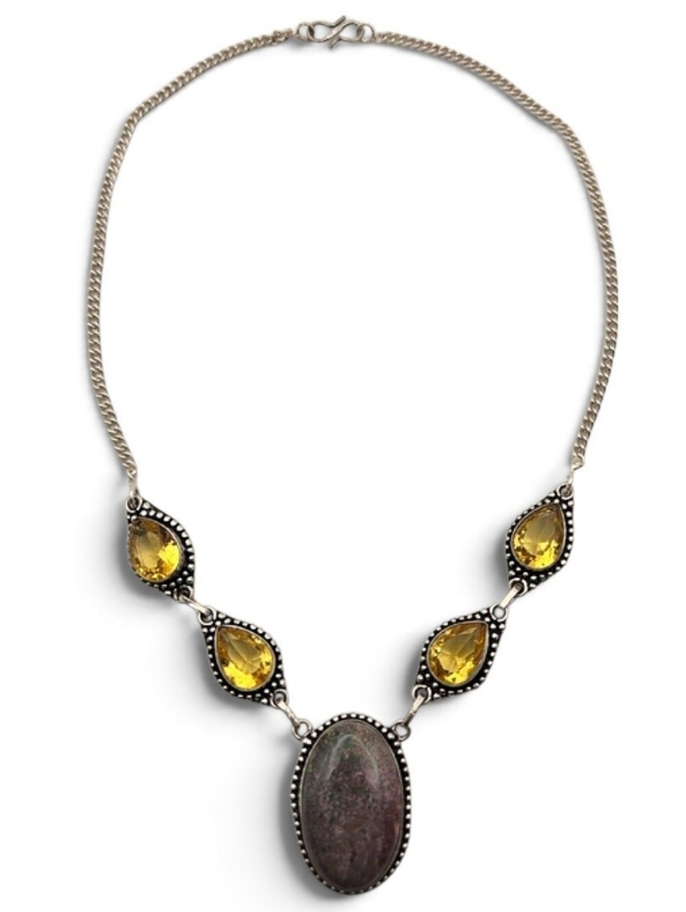 Silver Yellow Citrine Teardrop & Multicolor Stone Necklace